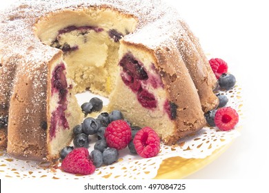 Pound Cake With Berries Closeup.