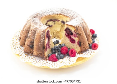 Pound Cake With Berries Isolated On White.