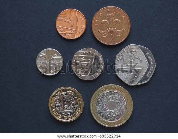 Pound coins money (GBP), currency of United\
Kingdom - full series includind one penny, two five ten twenty and\
fifty pence, one and two\
pounds
