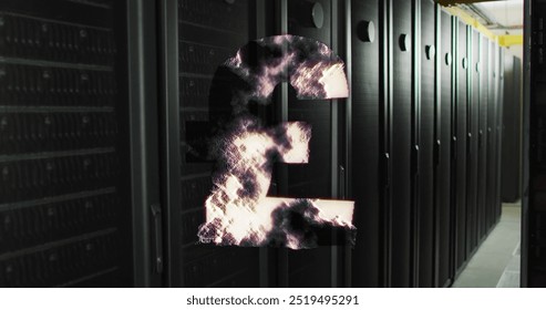 Pound sterling symbol with smoke effect image over server racks in data center. technology, servers, cloud computing, digital, network, cybersecurity - Powered by Shutterstock