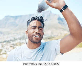 Pour water, fitness and face of man in nature for exercise, marathon training and running. Sports, mountain and male person refresh with liquid for wellness, cardio workout and hydration to cool down - Powered by Shutterstock