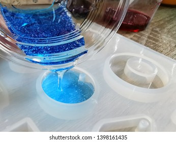 Pouring Blue Resin Into Mold , Process Of Prepare For Make An Accessories