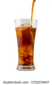 Pouring Carbonated Drink With Ice In A Glass Isolated On White Background