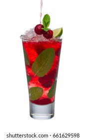 Pouring Cherry Juice To Alcoholic Cocktail With Lime And Mint Isolated On White