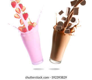Pouring chocolate chips, chocolate milk, strawberry and strawberry milk into glass with splashing., Isolated white background.