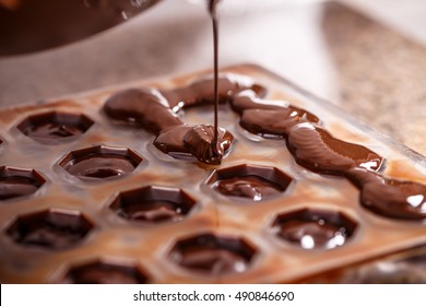 Pouring Chocolate In Mold, Make Praline