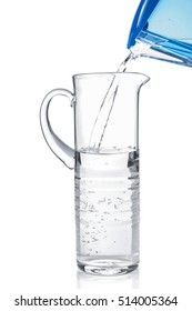 Pouring Clear Water From Filter Pitcher In Glass Jug On White Background