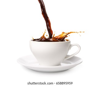 Pouring Coffee Into Cup With Splashing., Isolated On White Background.