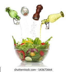 Pouring Condiments On A Colorful Salad. Isolated