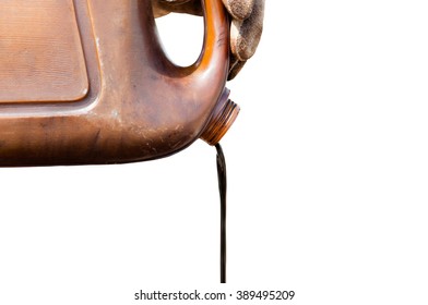 Pouring Crude Oil From Sample Canned Isolated White Background. 