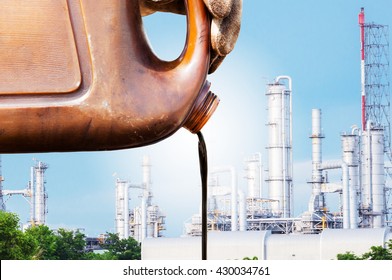 Pouring Crude Oil From Sample Canned Oil Refinery Distillation Towers Background. Crude Oil Low Price Concept.