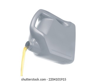 Pouring Engine Oil From Silver-grey Plastic Container Isolated On White Background. Clipping Path.