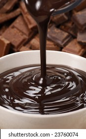 Pouring Fresh Chocolate Cream On A White Bowl.