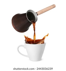 Pouring freshly brewed aromatic coffee from turkish pot into cup. Objects in air on white background - Powered by Shutterstock