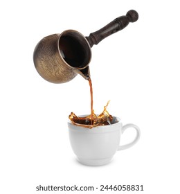 Pouring freshly brewed aromatic coffee from turkish pot into cup. Objects in air on white background - Powered by Shutterstock