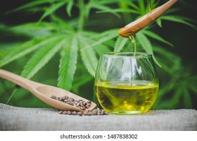 Pouring hemp oil into spoon  on a green marijuana leaf background. medical marijuana concept, CBD cannabis OIL., closeup