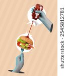 Pouring ketchup on bun against beige striped background, creative collage. One human hand squeezing bottle of sauce and other holding burger on fork. Stylish poster