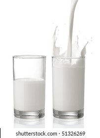 Pouring Milk Creating Splash With A Glass Of Half Full Milk Beside