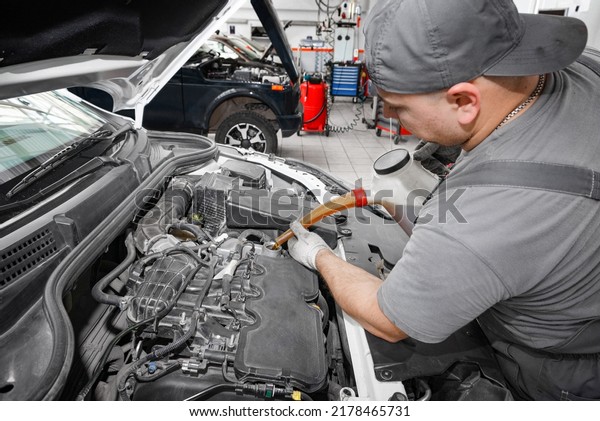 Pouring oil\
to car engine. Motor oil pouring to car engine. Car mechanic\
changing oil - model and oil motion\
blurred.