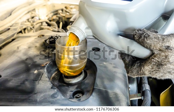 Pouring oil to car engine.Hand mechanic in repairing\
,Change the Oil