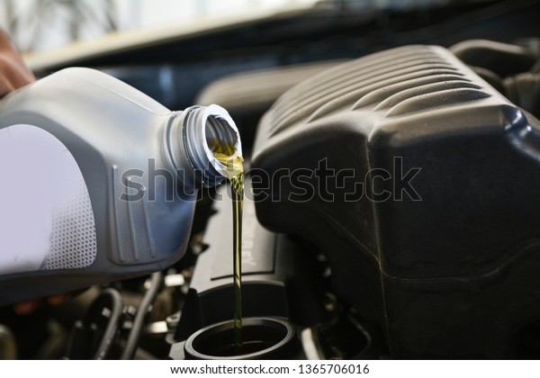 Pouring oil\
into the car engine, refueling, car\
shop