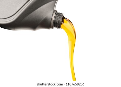 Pouring Oil Lubricant Motor Car From Gray Bottle On Isolated White Background