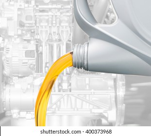 Pouring Oil Lubricant Motor Car From Bottle On Engine Background