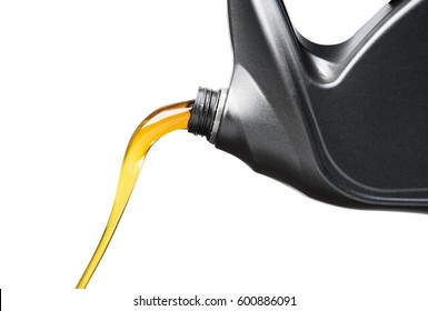 Pouring Oil Lubricant Motor Car From Black Bottle On Isolated White Background