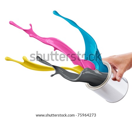 pouring paint consisting CMYK colors from its bucket creating splash