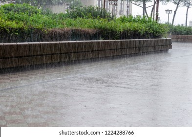 Pouring Rain On A Street Of The City