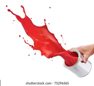 Pouring Red Paint From Its Bucket Creating Splash