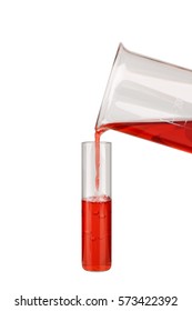 Pouring Red Sample Into A Test Tube On White Background