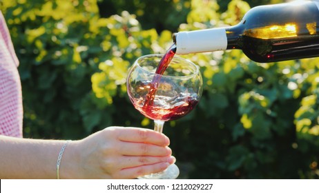 Pouring Red Wine In An Elegant Glass On The Background Of The Vineyard. Wine Tour