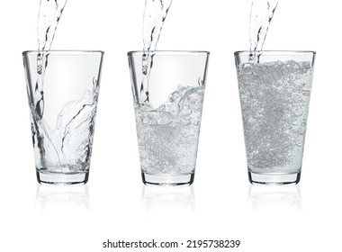 Pouring Soda Water Into Glasses On White Background, Collage