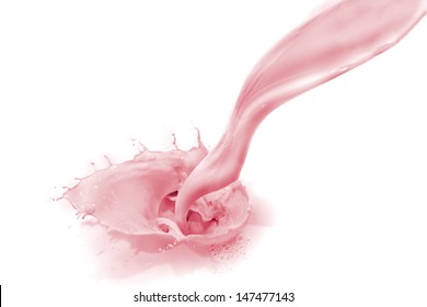pouring strawberry milk, isolated on white background