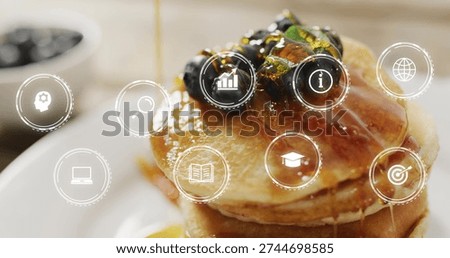 Pouring syrup over stack of pancakes on counter, with blueberries, pistachios and UI icons. Breakfast, macro, warm, cozy, drizzle, interface, overlay