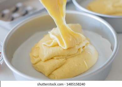 Pouring Vanilla Batter Into Cake Pan