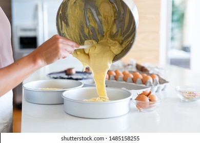 Pouring Vanilla Batter Into Cake Pan