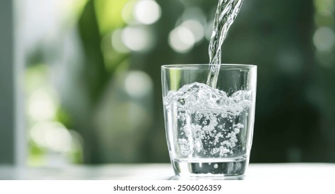 Pouring Water into a Glass Against a Green Blurred Background - Powered by Shutterstock