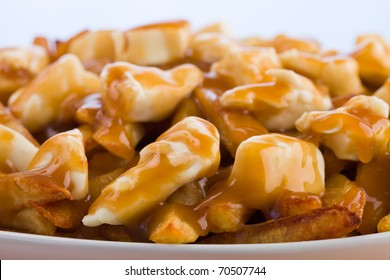 Poutine meal made with french fries, cheese curds and gravy. Macro photography with shallow depth of field.
