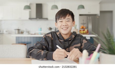 POV Of Asian Preteen Teen Boy Making Video Calling With Laptop At Home, Using Zoom Online Virtual Class , Homeschooling, Remote Learning, New Normal Concept