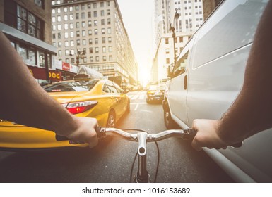 Pov Bicycle View Camera In New York City, Traffic Jam