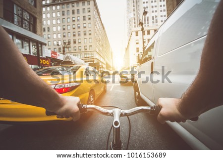 Pov bicycle view camera in New york city, traffic jam