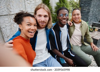 POV Diverse Group Of Young People Looking At Camera Via Video Chat While Having Fun During Outdoor Party At Rooftop