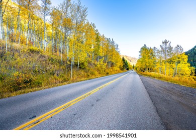 Pov Driving On Trip With Car On Maroon Bells Creek Scenic Road In Aspen, Colorado USA Rocky Mountains With Colorful Autumn Yellow Fall Foliage Trees At Season Peak