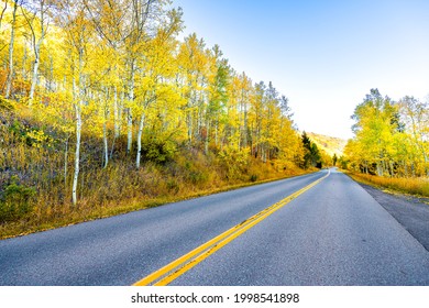 Pov Driving On Trip On Maroon Bells Creek Scenic Road In Aspen, Colorado USA Rocky Mountains With Colorful Autumn Yellow Fall Foliage Trees At Season Peak