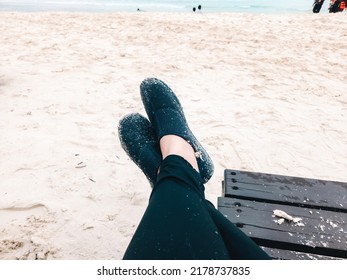 POV Of The Feet Of A Woman Wearing Neoprene Water Shoes . Water Shoes , Swimming Shoe