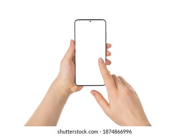 Pov first person close up view photo of female hands using telephone touching screen with copy space isolated white background - Shutterstock ID 1874866996