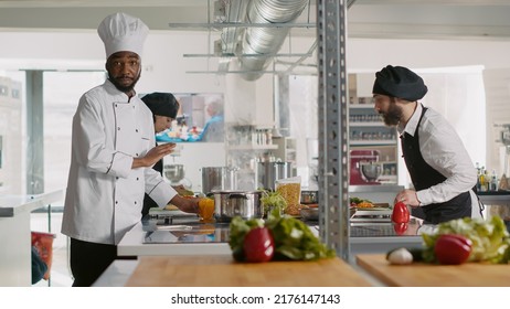 POV Of Gourmet Chef Recording Content For Cooking Show On Television Program, Using Camera To Film Meal Preparations. Authentic Cook Broadcasting Gourmet Dish Gastronomy Class. Tripod Shot.