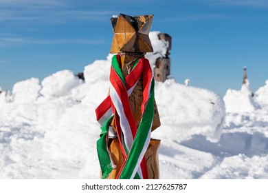 POV hand-carved totems that honor Hungarian heroes on a snowy hilltop - Powered by Shutterstock